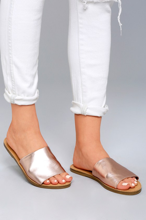 Steve Madden Grace Rose Gold Sandals - Leather Slide Sandals - Metallic ...