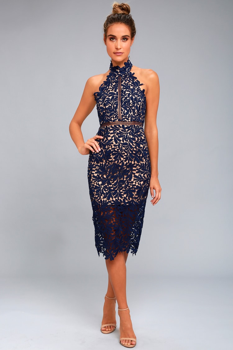 Stunning Navy Blue Lace Dress - Midi Dress - Lace Halter Dress - Lulus