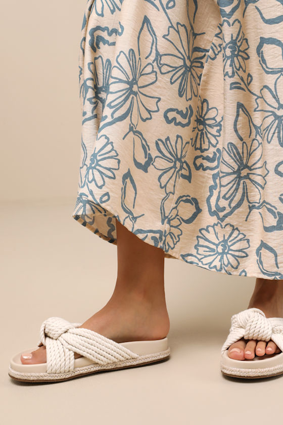 Kellon Ivory Raffia Knotted Slide Sandals 1
