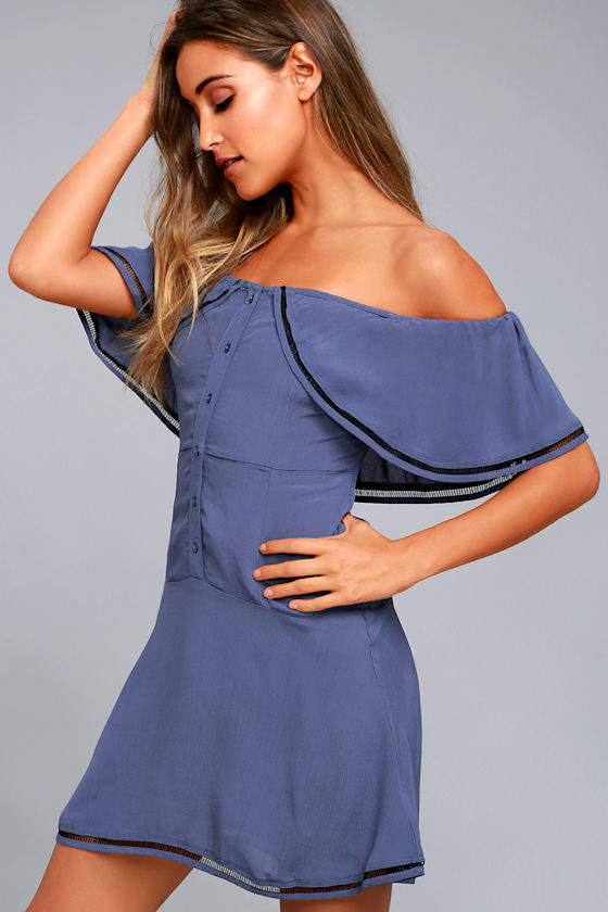 New Friends Colony Bonita Denim Blue Off-the-Shoulder Dress 1