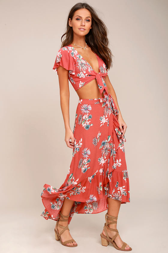 Lovely Rusty Rose Floral Print Dress TwoPiece Dress Wrap Skirt