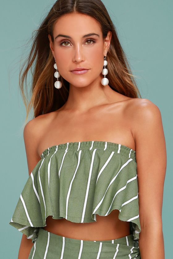 Faithfull the Brand Suns Out Olive Green Striped Strapless Top 1