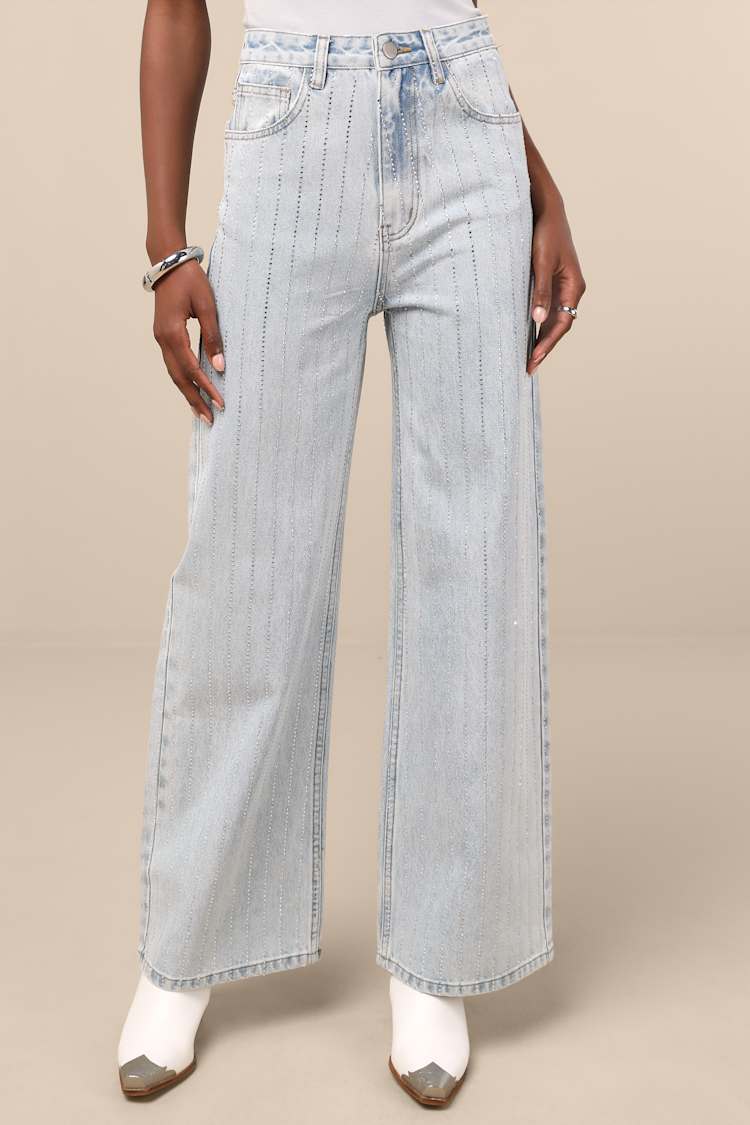 Danice Light Wash Denim Rhinestone Straight Leg Jeans