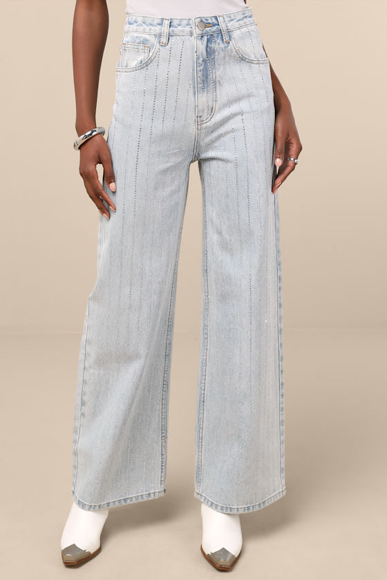 Danice Light Wash Denim Rhinestone Straight Leg Jeans 4