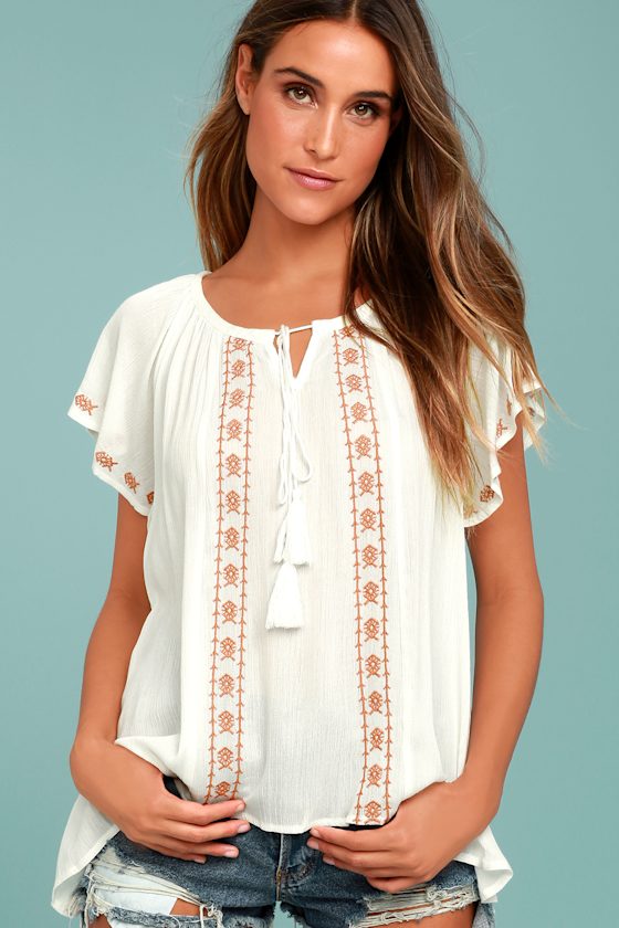 Puebla Orange and White Embroidered Top 2