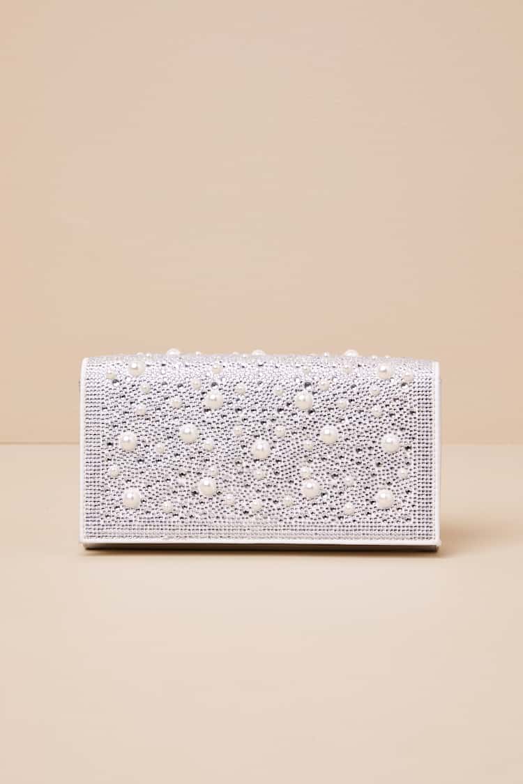 Flap Sparkler Silver Rhinestone Pearl Crossbody Clutch