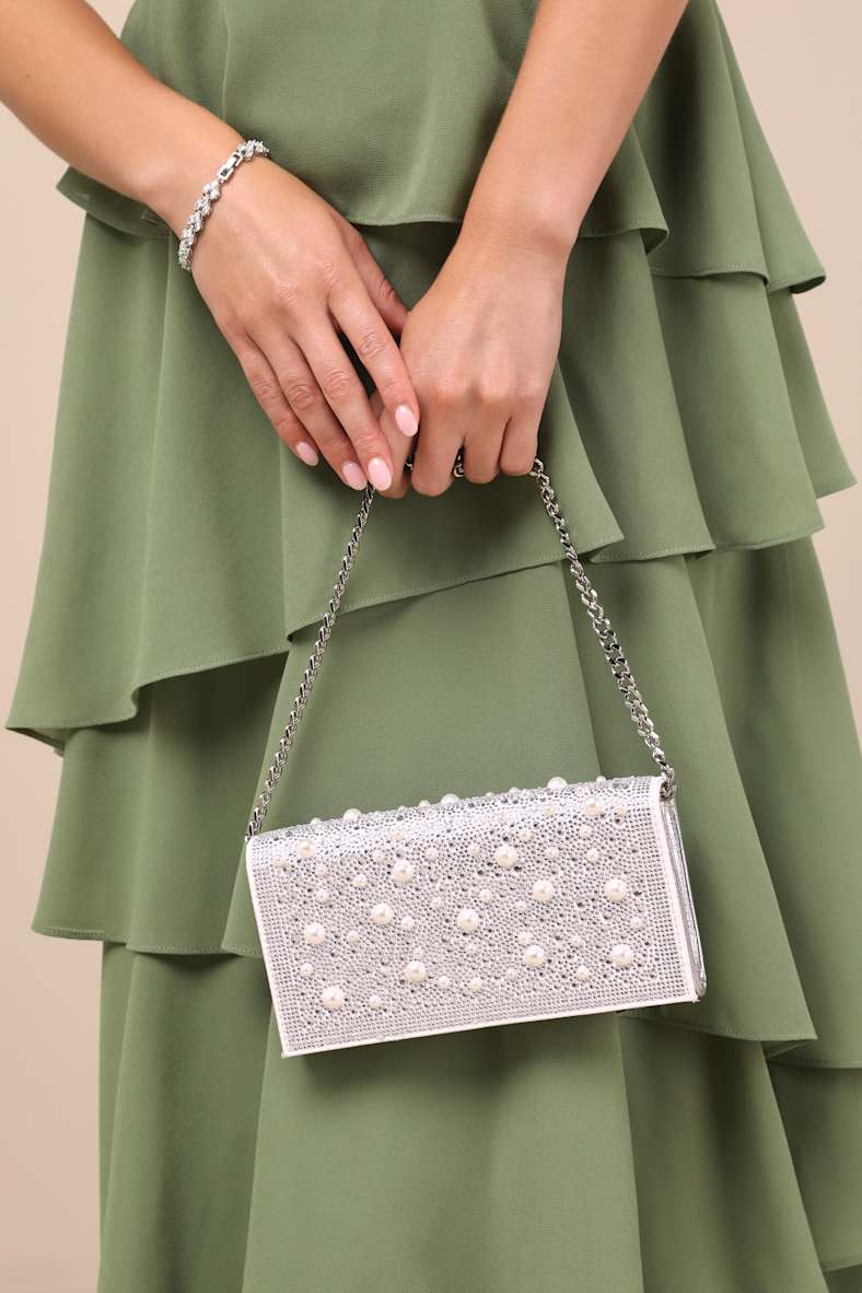 Flap Sparkler Silver Rhinestone Pearl Crossbody Clutch