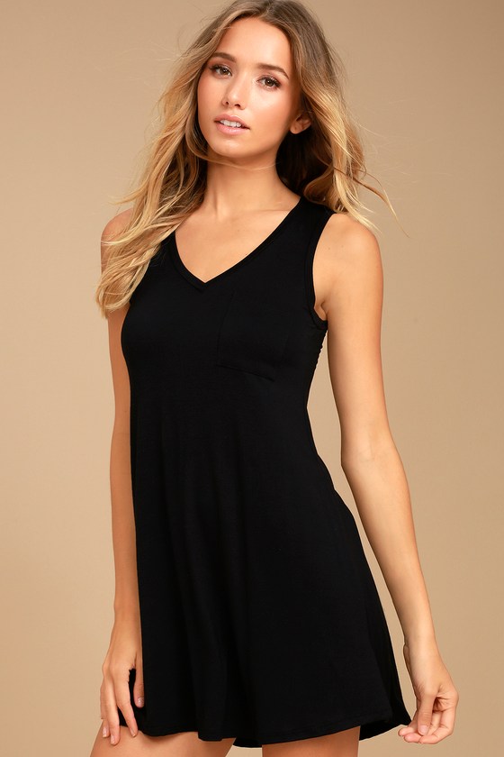 black v neck swing dress