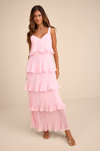 Elegant Nature Blush Pink Pleated Sleeveless Tiered Maxi Dress 2