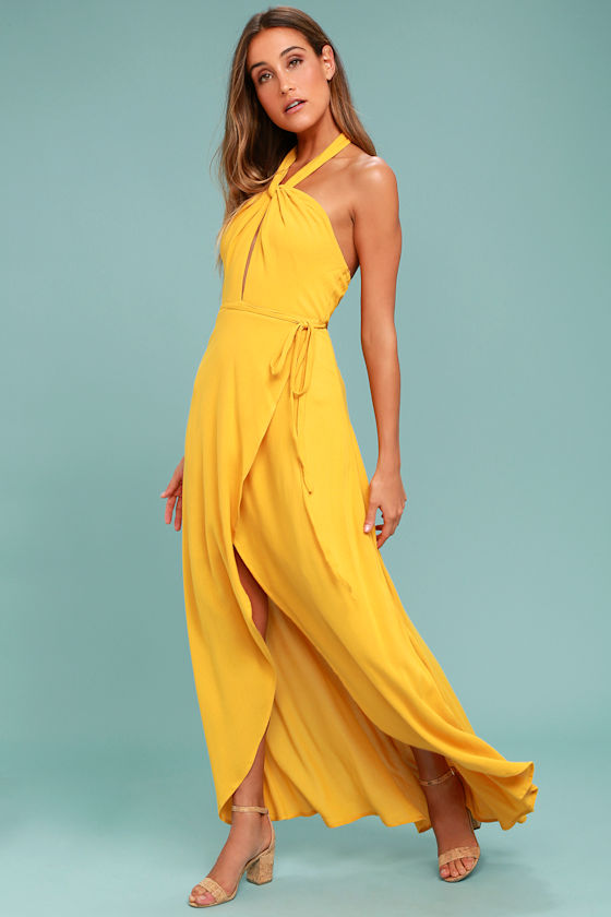 Marisha Golden Yellow Halter Wrap Dress 8