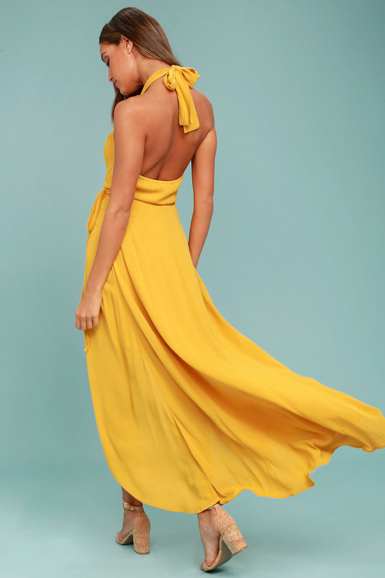Golden Yellow Wrap Dress Halter Dress HighLow Dress
