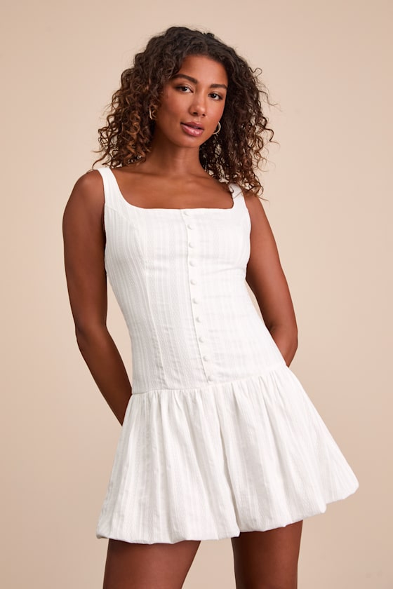 Khamari White Textured Drop Waist Bubble-Hem Mini Dress 2