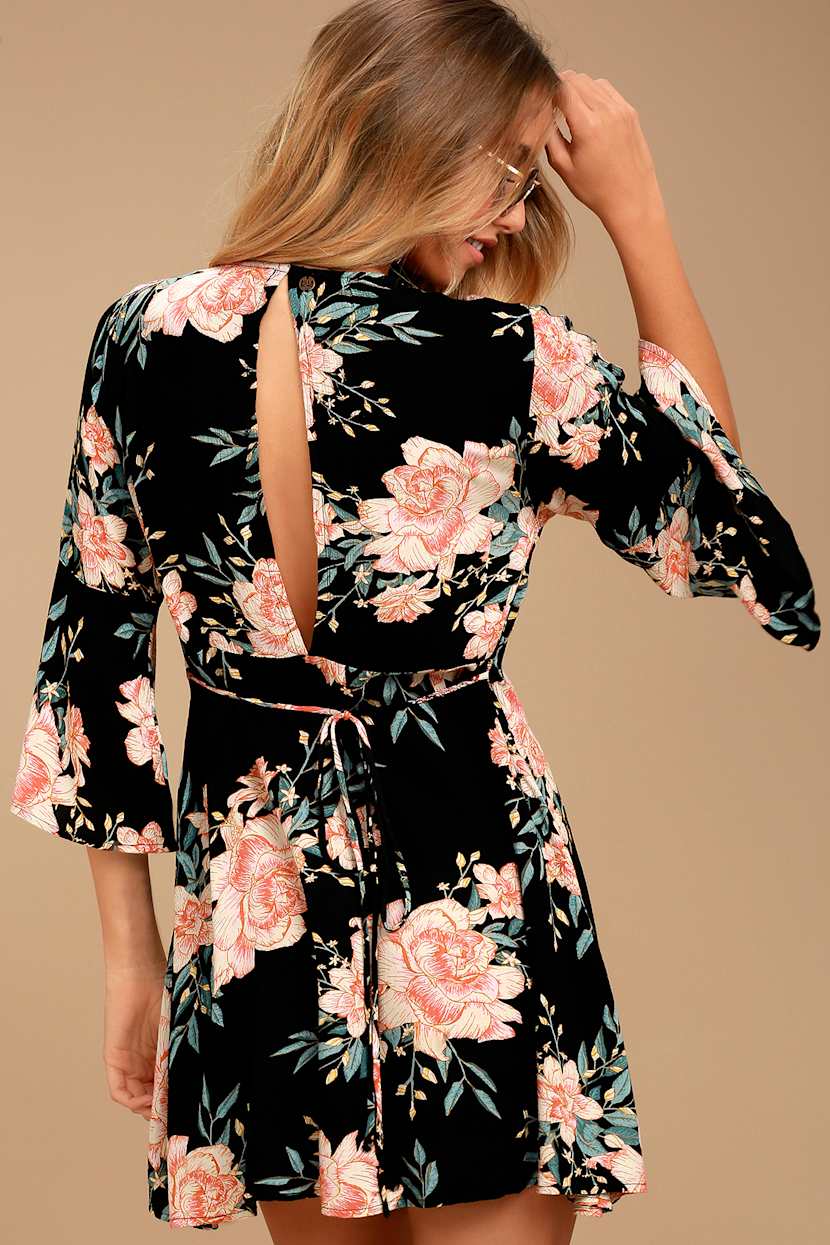 billabong black floral dress Billabong Divine - Floral Print Dress - Wrap Dress - Bell Sleeve Dress