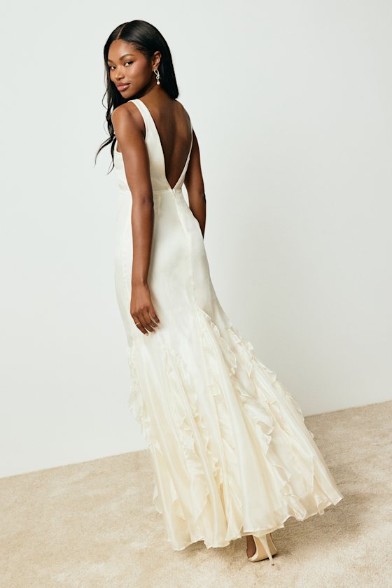 Ivory Satin Maxi Dress - Ivory V-Neck Gown - Ruffled Maxi Dress - Image 3