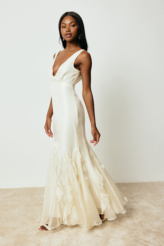 Ivory Satin Maxi Dress - Ivory V-Neck Gown - Ruffled Maxi Dress - Image 4