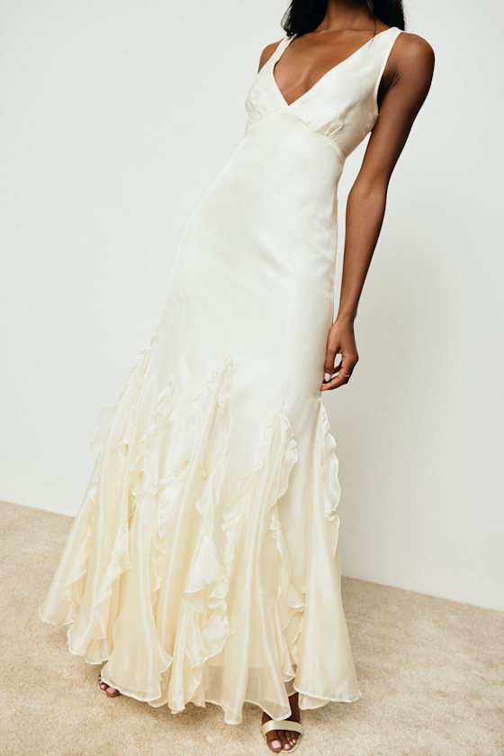 Ivory Satin Maxi Dress - Ivory V-Neck Gown - Ruffled Maxi Dress - Image 5