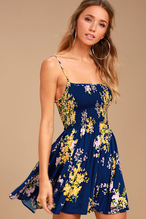 Cute Navy Blue Floral Dress - Smocked Mini Dress - Skater Dress - Lulus