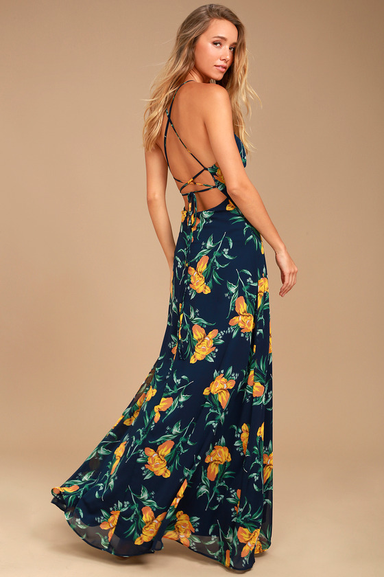 Lovely Navy Blue and Yellow Floral Print Dress - Maxi Dress - Lulus