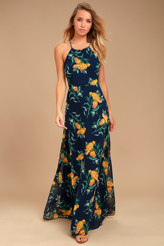 navy blue dress with yellow flowers