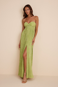 Oswin Lime Green Satin Plisse Strapless Maxi Dress 2