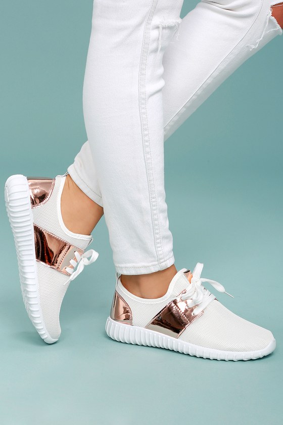 white and rose gold sneakers