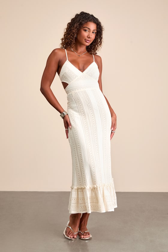 Ivory Crochet Lace Dress - Lace-Up Maxi Dress - Cutout Maxi Dress