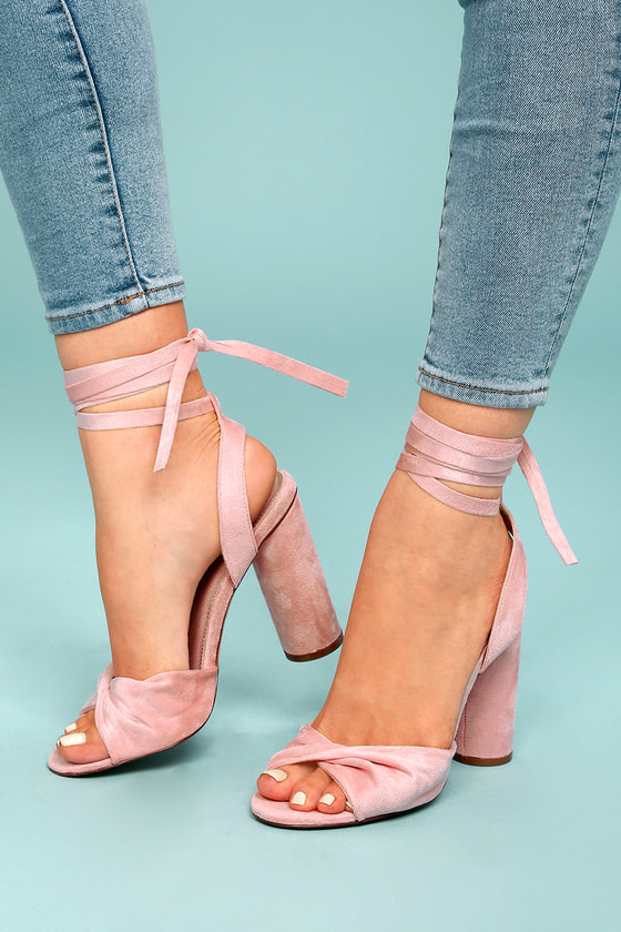 Cute Blush Lace-Up Heels - Vegan Suede Heels - Blush Block Heels - Lulus