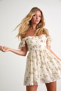 Velia White Floral Textured Flutter Sleeve Mini Dress 2