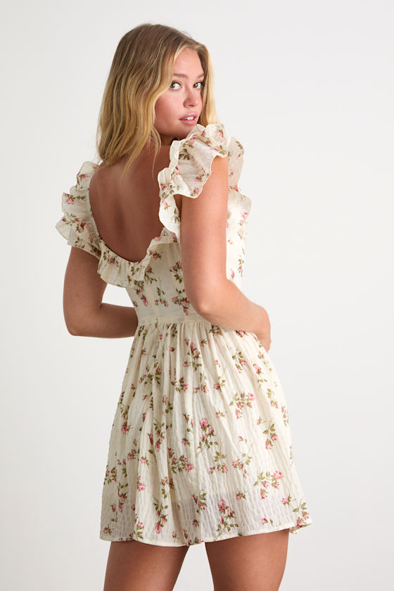 Velia White Floral Textured Flutter Sleeve Mini Dress 3