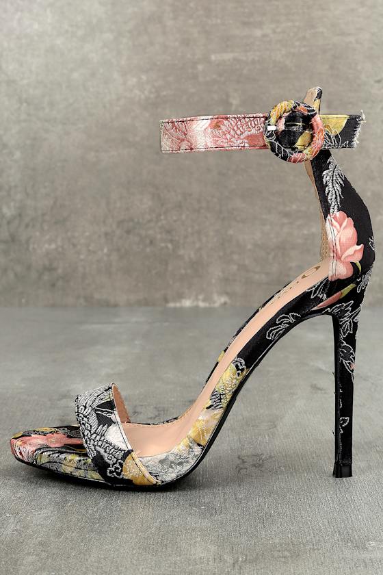 Philomena Black Brocade Ankle Strap Heels 1