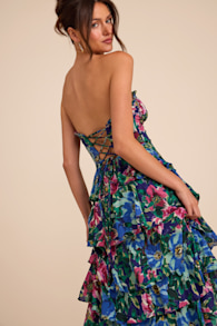 Nayha Blue Multi Floral Strapless Tiered Midi Dress 1