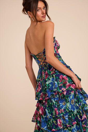 Nayha Blue Multi Floral Strapless Tiered Midi Dress 1
