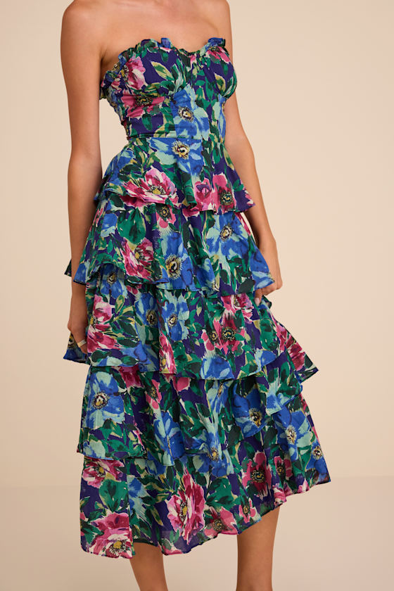 Nayha Blue Multi Floral Strapless Tiered Midi Dress - thumbnail 3