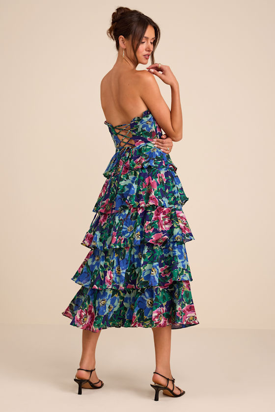 Nayha Blue Multi Floral Strapless Tiered Midi Dress - thumbnail 4