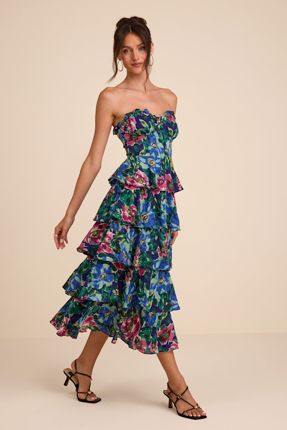 Nayha Blue Multi Floral Strapless Tiered Midi Dress - thumbnail 5