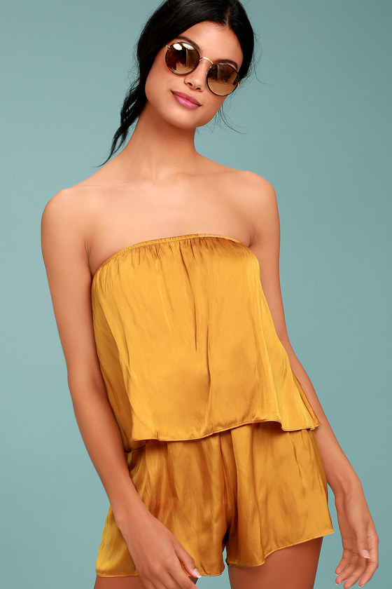Cute Mustard Yellow Romper - Satin Romper - Strapless Romper - Lulus