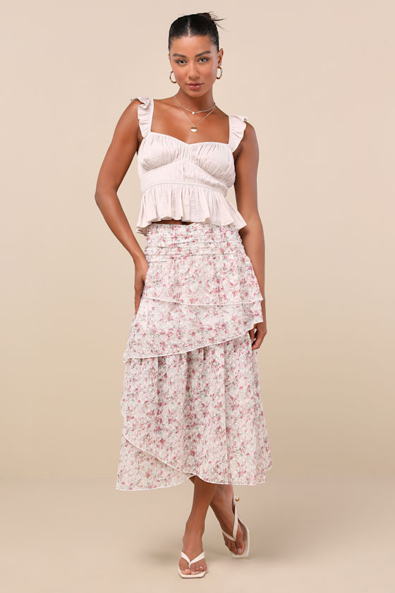 Rosen White Multi Floral Tiered Midi Skirt 2