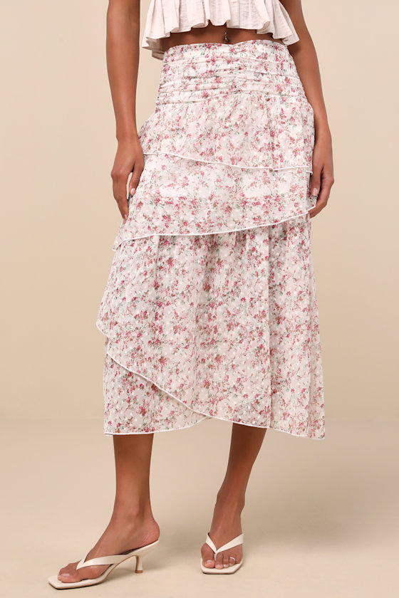 Rosen White Multi Floral Tiered Midi Skirt 4