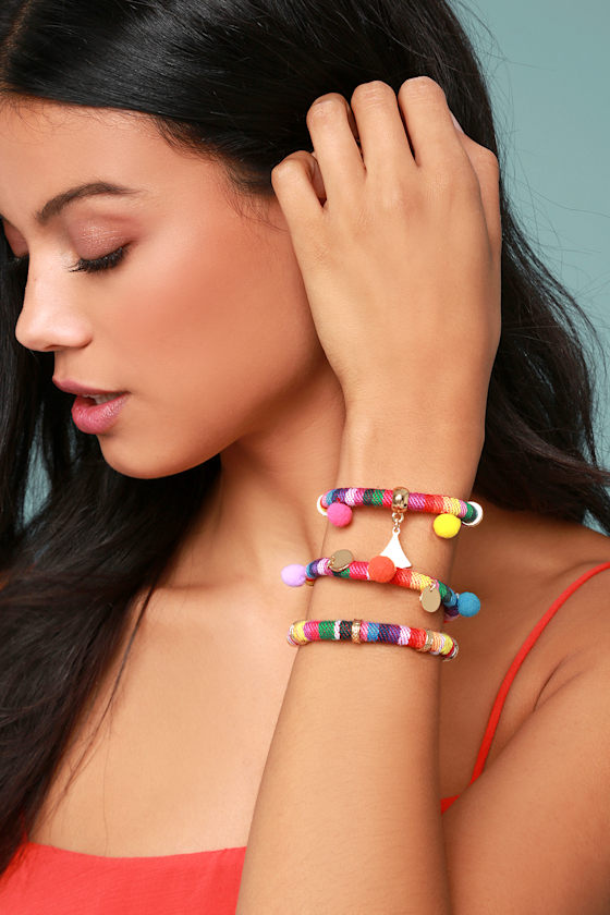 Ettika Festival Madness Bracelet Set Rainbow Bracelet Pom Pom