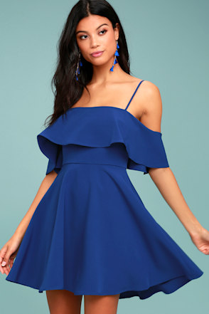 Waterfront Royal Blue Off-the-Shoulder Skater Dress