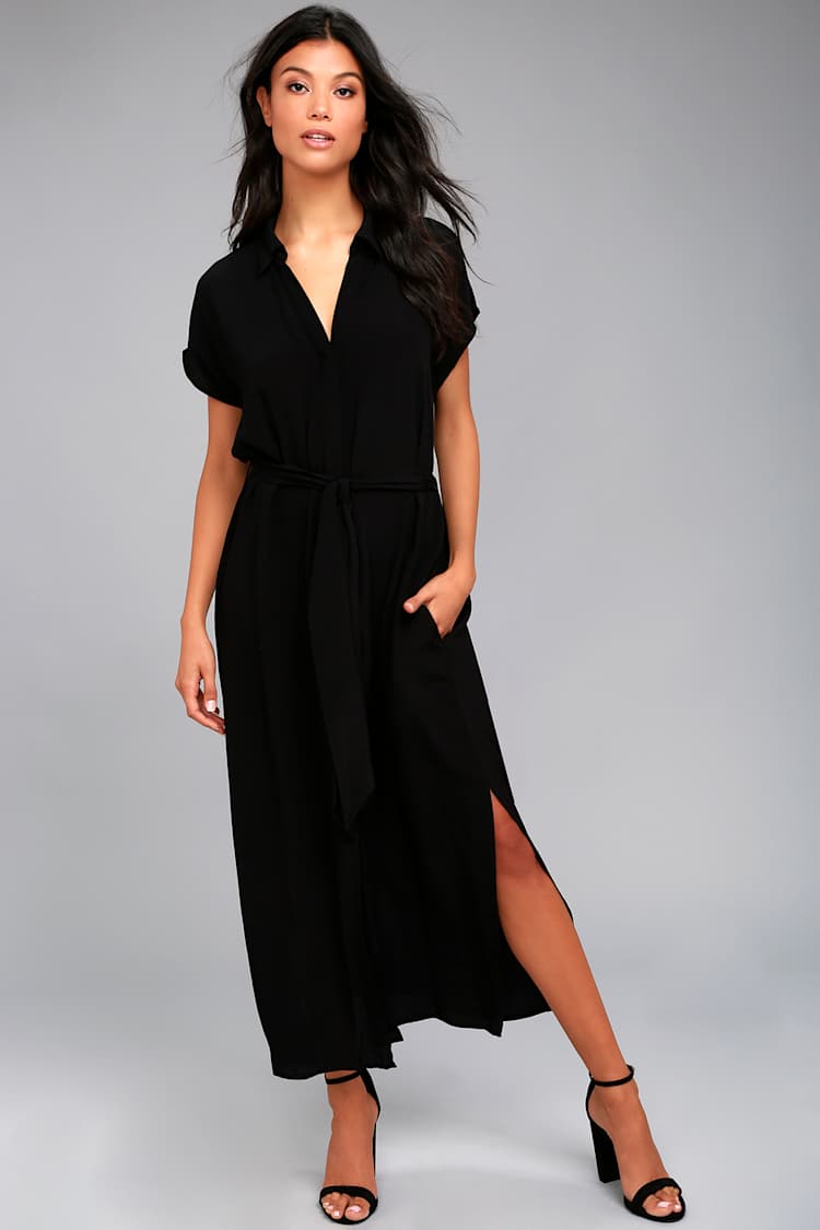 knee length dresses for ladies Black Polka Dot Collar Midi Dress & Reviews - Black - Dresses main image 1