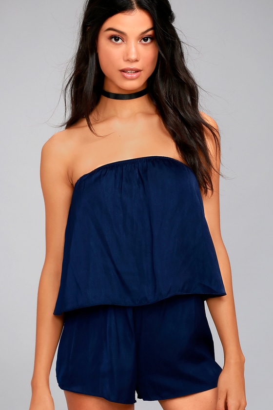 Cute Navy Blue Romper - Satin Romper - Strapless Romper - Lulus