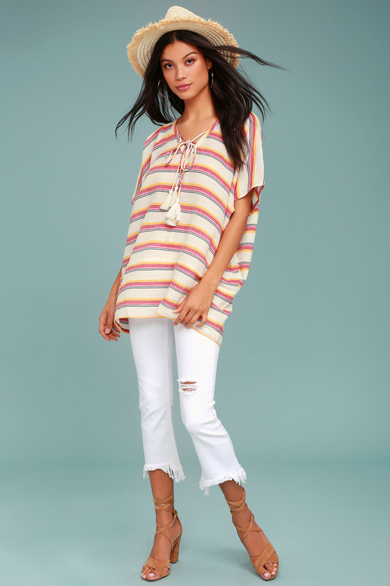 At Sunset Cream Striped Poncho Top