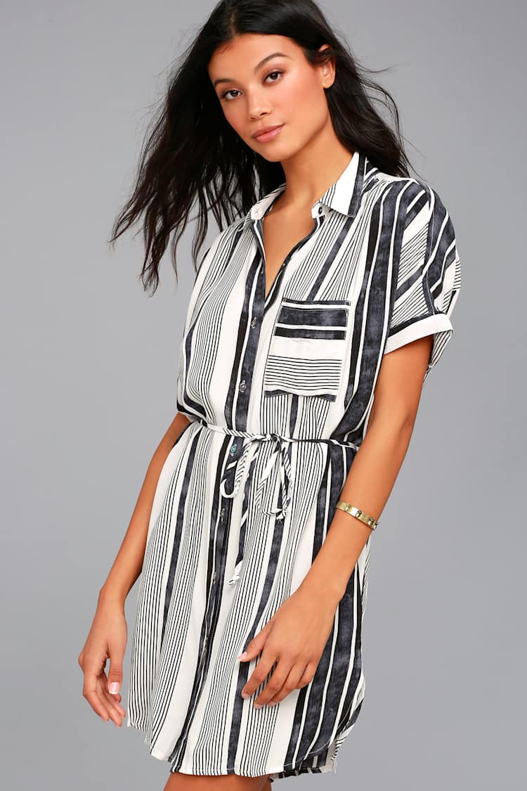 striped black and white shirt dress Chouyatou Women's Summer Casual Stripe Shirt Dress Button Down Loose F –  CHOUYATOU