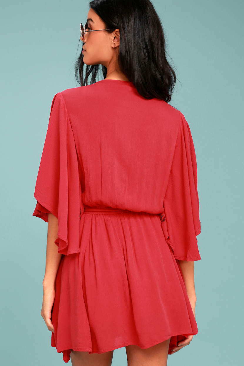 Free People Cora Coral Red Embroidered Dress