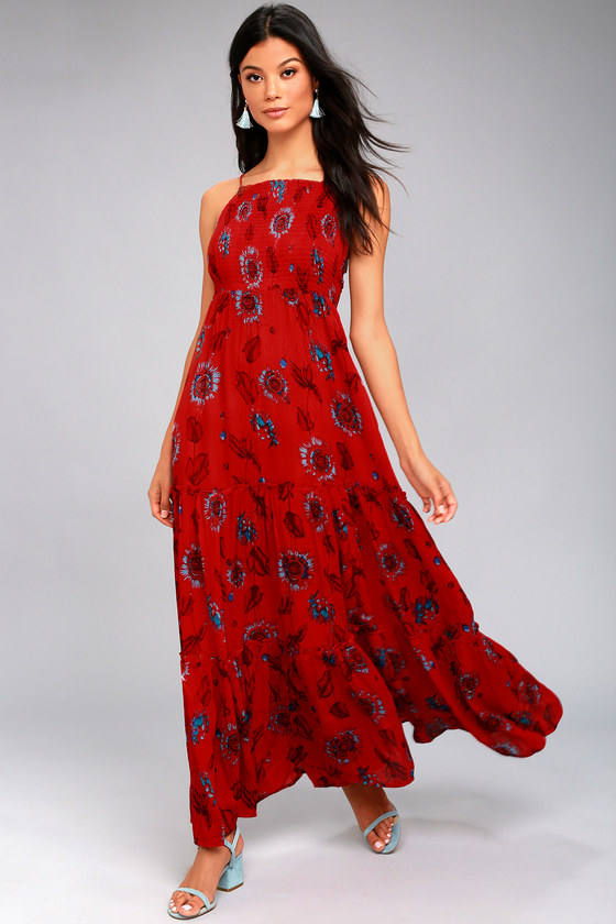 Free People Garden Party Dress - Red Floral Print Maxi Dress - Tiered ...