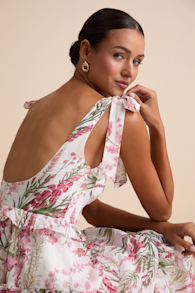 Naenia White Floral Tiered Tie-Strap Midi Dress 1