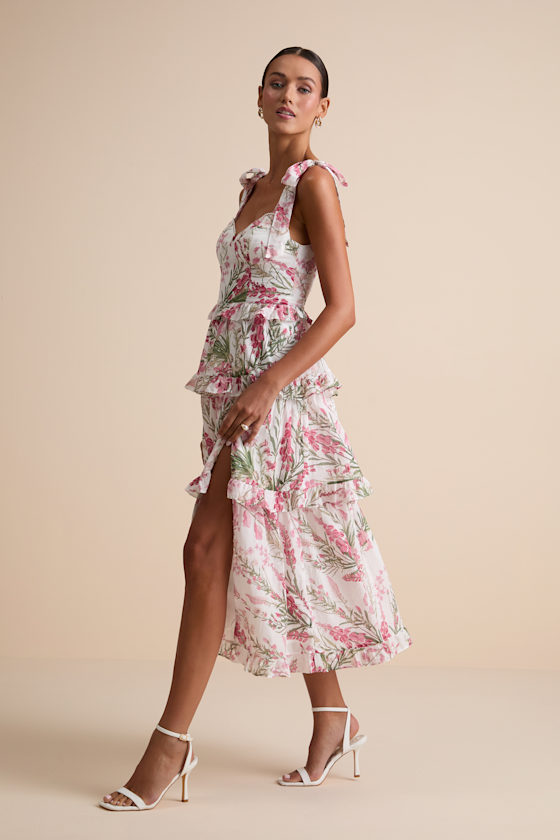 Naenia White Floral Tiered Tie-Strap Midi Dress 2
