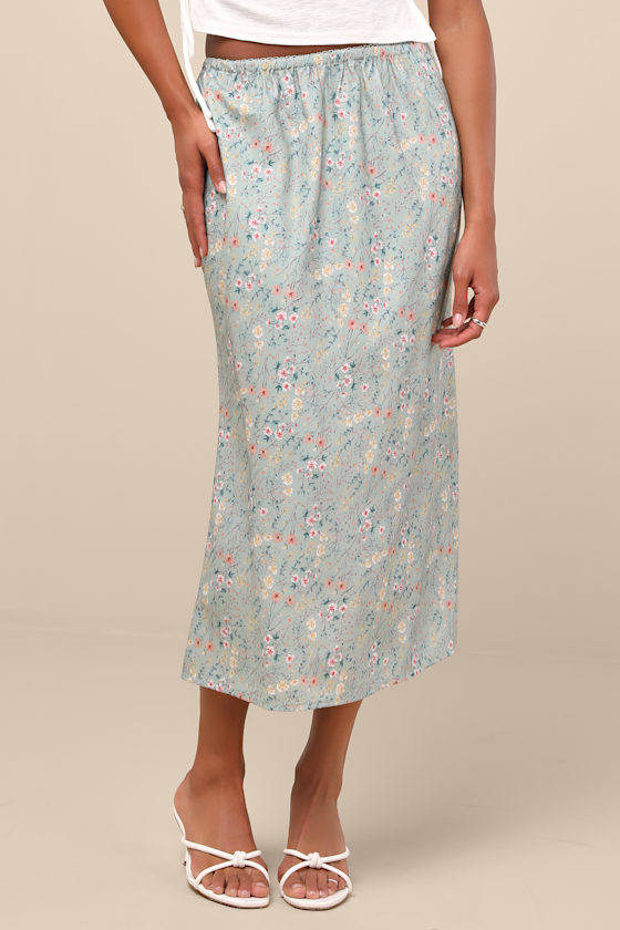 Sage Floral Midi Skirt - Floral Satin Skirt - Slip Midi Skirt - Lulus
