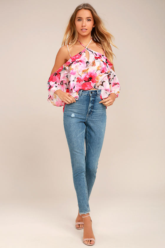 Pretty Petals Pink Floral Print Off-the-Shoulder Top 1